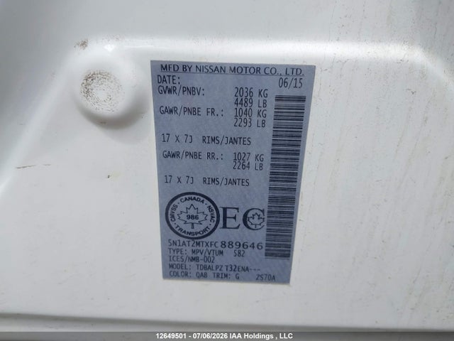2015 Nissan Rogue S/sl/sv მანქანა იყიდება აუქციონზე, vin: 5N1AT2MTXFC889646, აუქციონის ნომერი: 12649501