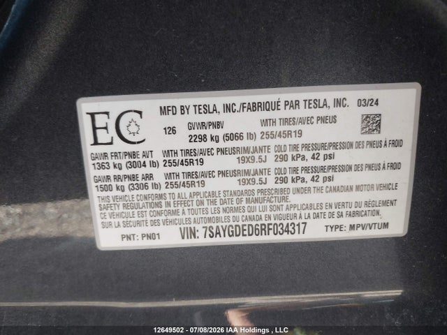 Aukcja sprzedaży 2024 Tesla Model Y, vin: 7SAYGDED6RF034317, numer aukcji: 12649502