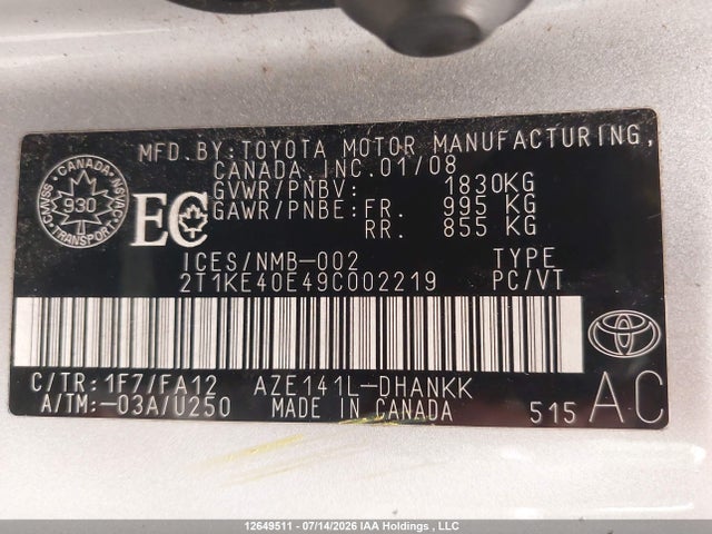 12649511 :رقم المزاد ، 2T1KE40E49C002219 vin ، 2009 Toyota Corolla Matrix S مزاد بيع
