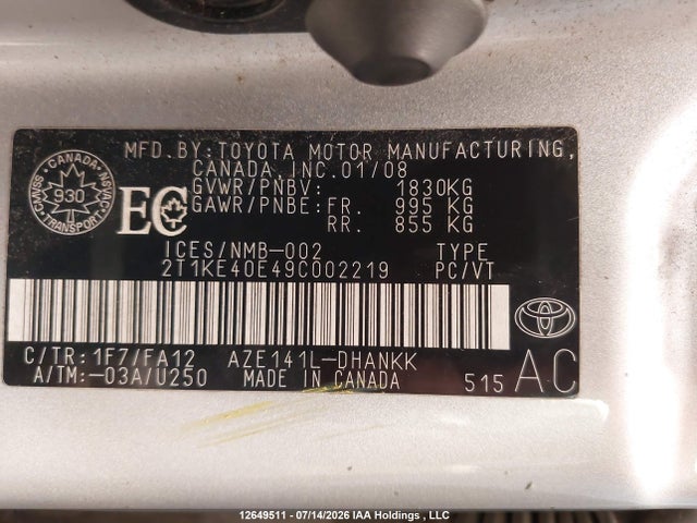 12649511 :رقم المزاد ، 2T1KE40E49C002219 vin ، 2009 Toyota Corolla Matrix S مزاد بيع