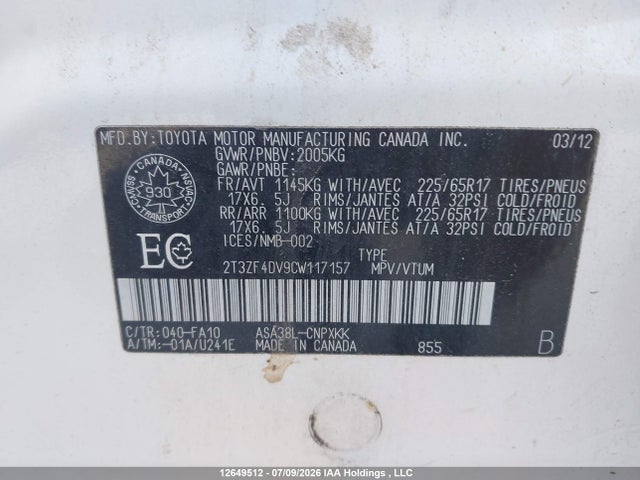 2012 Toyota Rav4 მანქანა იყიდება აუქციონზე, vin: 2T3ZF4DV9CW117157, აუქციონის ნომერი: 12649512