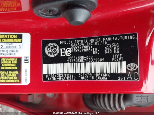 12649516 :رقم المزاد ، 2T1BURHE7FC373889 vin ، 2015 Toyota Corolla S مزاد بيع