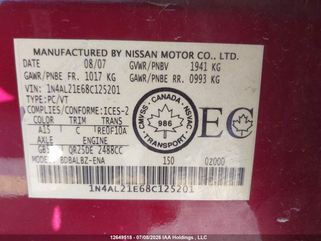 12649518 :رقم المزاد ، 1N4AL21E68C125201 vin ، 2008 Nissan Altima 2.5/2.5s مزاد بيع