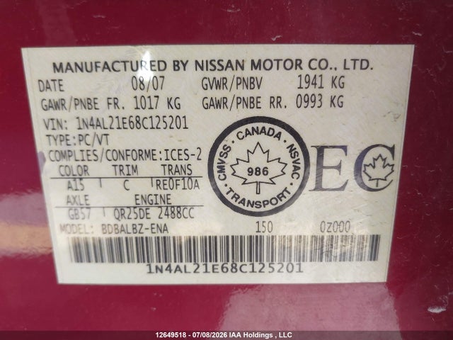 12649518 :رقم المزاد ، 1N4AL21E68C125201 vin ، 2008 Nissan Altima 2.5/2.5s مزاد بيع