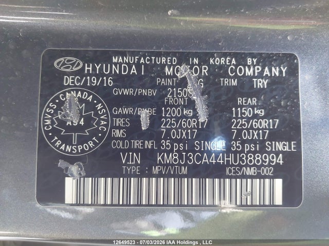Hyundai TUCSON SE 2017 KM8J3CA44HU388994 Image 9