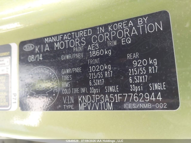 2015 Kia Soul + მანქანა იყიდება აუქციონზე, vin: KNDJP3A51F7762944, აუქციონის ნომერი: 12649529