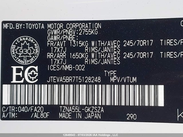 Продаж на аукціоні авто 2026 Toyota 4runner, vin: JTEVA5BR7T5128248, номер лоту: 12649543