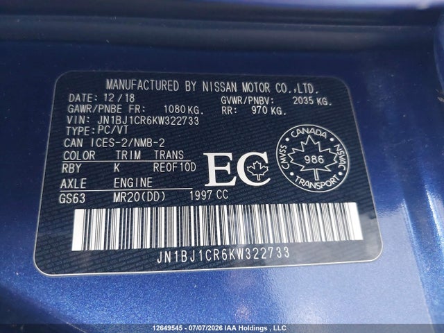Aukcja sprzedaży 2019 Nissan Qashqai S/sl/sv, vin: JN1BJ1CR6KW322733, numer aukcji: 12649545