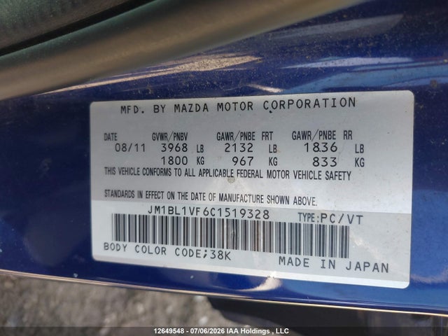 Продажа на аукционе авто 2012 Mazda Mazda3 Gs, vin: JM1BL1VF6C1519328, номер лота: 12649548