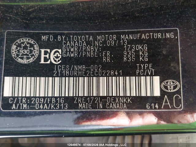 2T1BURHE2EC022841 Toyota Corolla L/le/le Pls/prm/s/s Pls