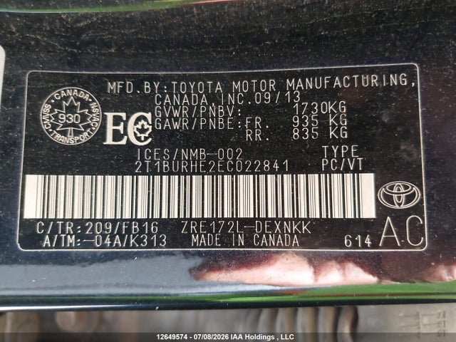 2T1BURHE2EC022841 Toyota Corolla L/le/le Pls/prm/s/s Pls