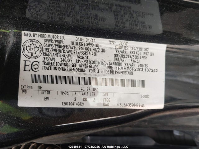 12649581 :رقم المزاد ، 1FAHP3F23CL137242 vin ، 2012 Ford Focus Se مزاد بيع