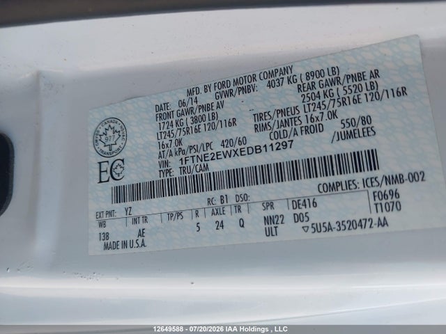 12649588 :رقم المزاد ، 1FTNE2EWXEDB11297 vin ، 2014 Ford E-250 Commercial/recreational مزاد بيع