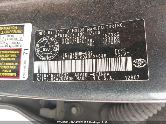 12649589 :رقم المزاد ، 4T1BF3EK0AU024646 vin ، 2010 Toyota Camry Se/le/xle مزاد بيع