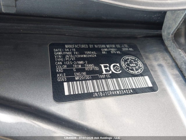 12649606 :رقم المزاد ، JN1BJ1CR4KW334024 vin ، 2019 Nissan Qashqai S/sl/sv مزاد بيع