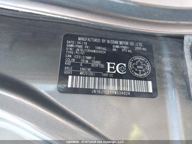 12649606 :رقم المزاد ، JN1BJ1CR4KW334024 vin ، 2019 Nissan Qashqai S/sl/sv مزاد بيع