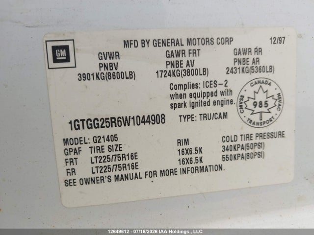 Продажа на аукционе авто 1998 Gmc Savana G2500, vin: 1GTGG25R6W1044908, номер лота: 12649612