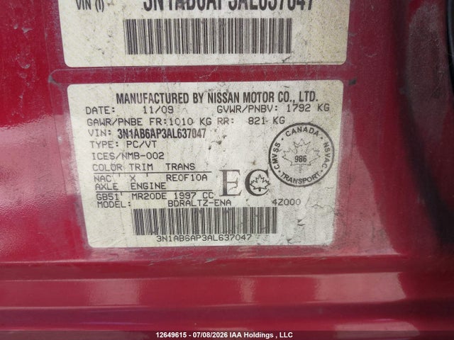 12649615 :رقم المزاد ، 3N1AB6AP3AL637047 vin ، 2010 Nissan Sentra 2.0s مزاد بيع