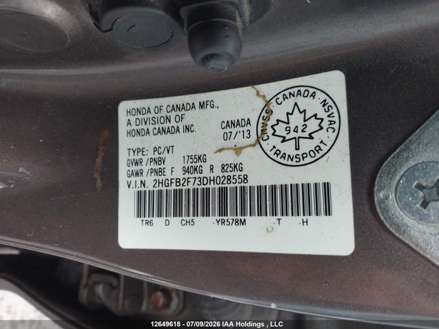 2013 Honda Civic Touring მანქანა იყიდება აუქციონზე, vin: 2HGFB2F73DH028558, აუქციონის ნომერი: 12649618