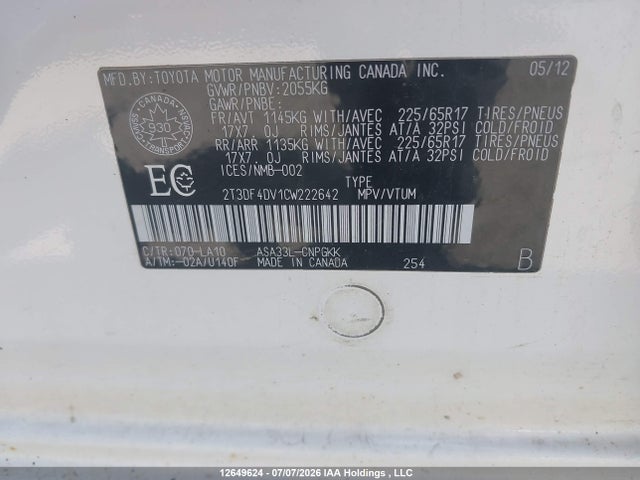 2012 Toyota Rav4 Limited მანქანა იყიდება აუქციონზე, vin: 2T3DF4DV1CW222642, აუქციონის ნომერი: 12649624