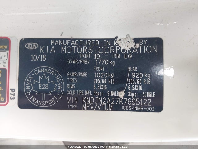 12649629 :رقم المزاد ، KNDJN2A27K7695122 vin ، 2019 Kia Soul مزاد بيع