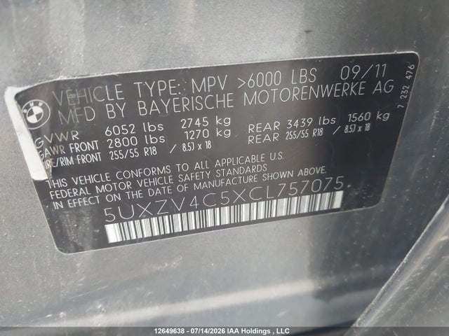 Продаж на аукціоні авто 2012 Bmw X5, vin: 5UXZV4C5XCL757075, номер лоту: 12649638