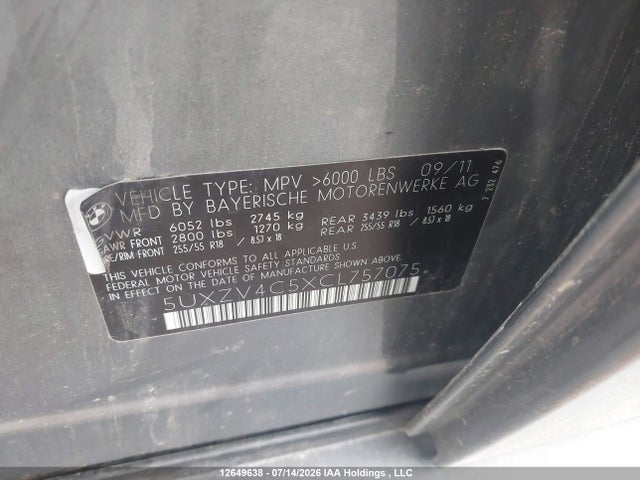 Продаж на аукціоні авто 2012 Bmw X5, vin: 5UXZV4C5XCL757075, номер лоту: 12649638