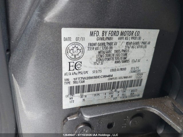 12649647 :رقم المزاد ، 1FT7W2B65BEC99484 vin ، 2011 Ford Super Duty F-250 Srw King Ranch/lariat/xlt مزاد بيع