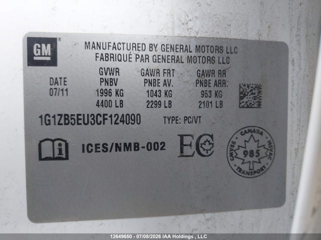 2012 Chevrolet Malibu Ls მანქანა იყიდება აუქციონზე, vin: 1G1ZB5EU3CF124090, აუქციონის ნომერი: 12649650