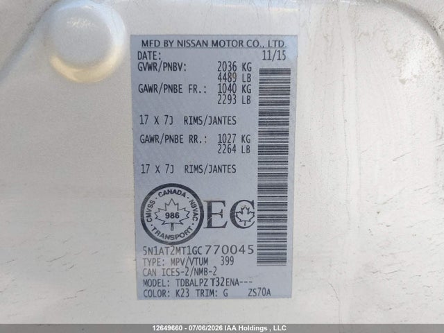 5N1AT2MT1GC770045 Nissan Rogue S/sl/sv