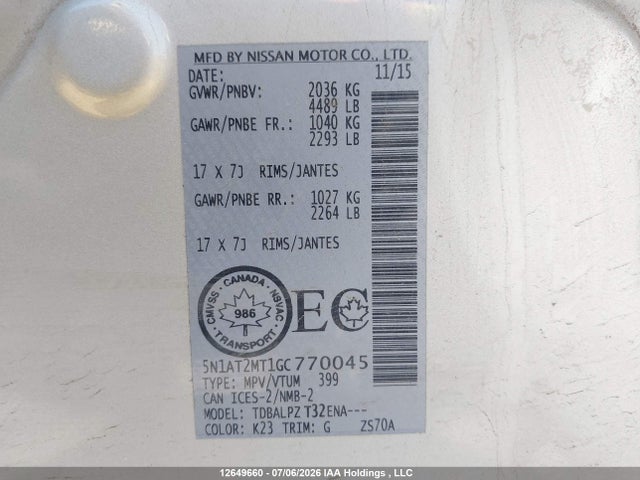 5N1AT2MT1GC770045 Nissan Rogue S/sl/sv