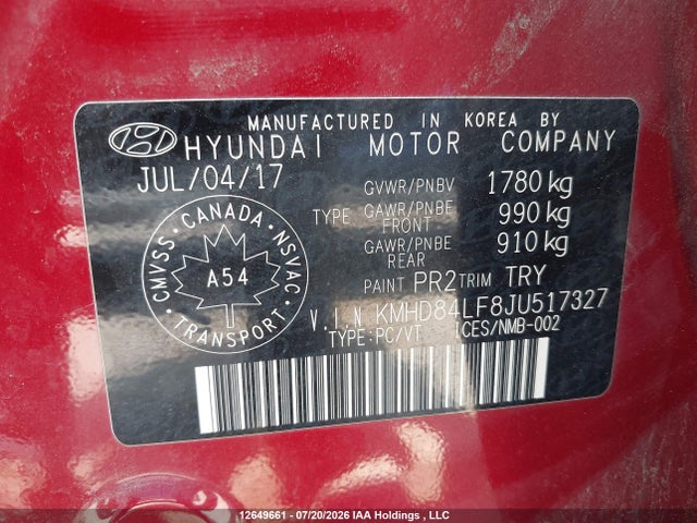 12649661 :رقم المزاد ، KMHD84LF8JU517327 vin ، 2018 Hyundai Elantra Gl مزاد بيع
