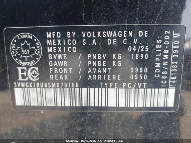 Продаж на аукціоні авто 2025 Volkswagen Jetta Sel, vin: 3VWGX7BU8SM078185, номер лоту: 12649667
