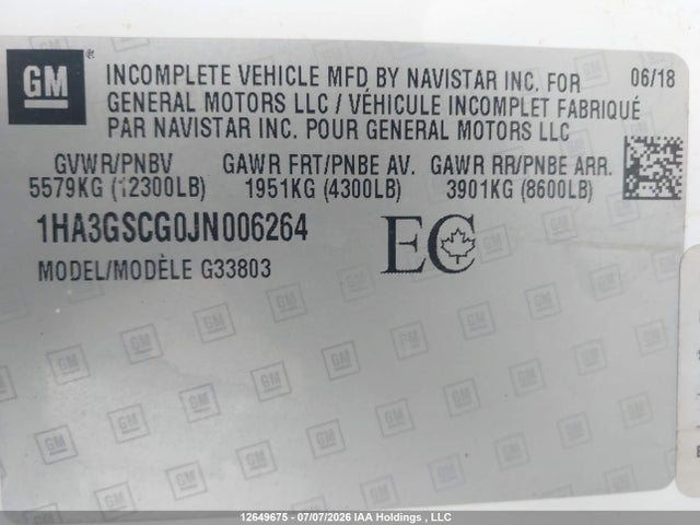 Aukcja sprzedaży 2018 Chevrolet Express Cutaway Work Van, vin: 1HA3GSCG0JN006264, numer aukcji: 12649675
