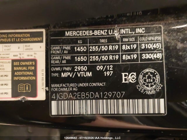 12649682 :رقم المزاد ، 4JGDA2EB5DA129707 vin ، 2013 Mercedes-benz Ml 350 Bluetec 4matic مزاد بيع