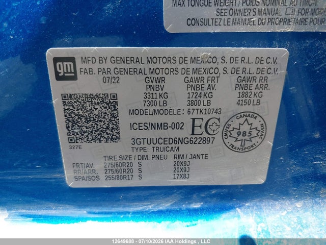 12649688 :رقم المزاد ، 3GTUUCED6NG622897 vin ، 2022 Gmc Sierra K1500 Elevation مزاد بيع