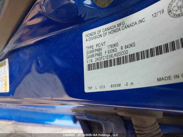 Honda Civic 2020 2HGFC1E5XLH200333 Image 9