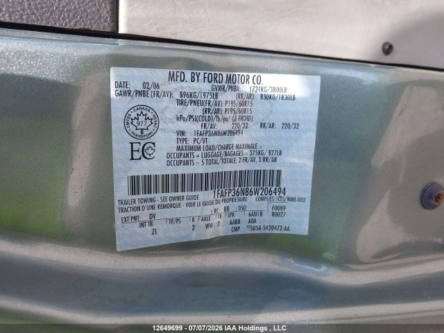 12649699 :رقم المزاد ، 1FAFP36N86W206494 vin ، 2006 Ford Focus Zxw مزاد بيع