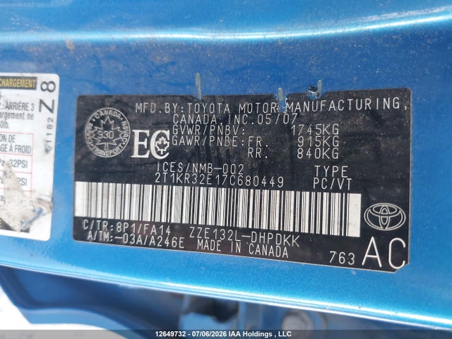 12649732 :رقم المزاد ، 2T1KR32E17C680449 vin ، 2007 Toyota Corolla Matrix Xr مزاد بيع