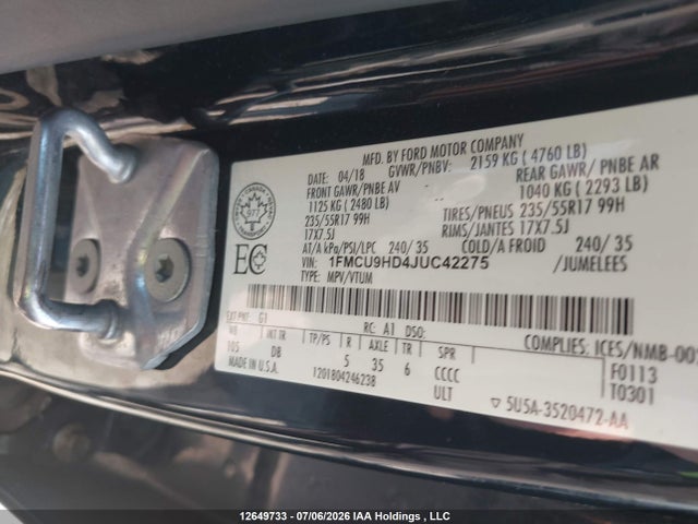 Aukcja sprzedaży 2018 Ford Escape Sel, vin: 1FMCU9HD4JUC42275, numer aukcji: 12649733