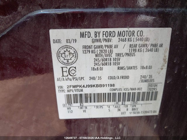 12649737 :رقم المزاد ، 2FMPK4J99KBB91198 vin ، 2019 Ford Edge Sel مزاد بيع