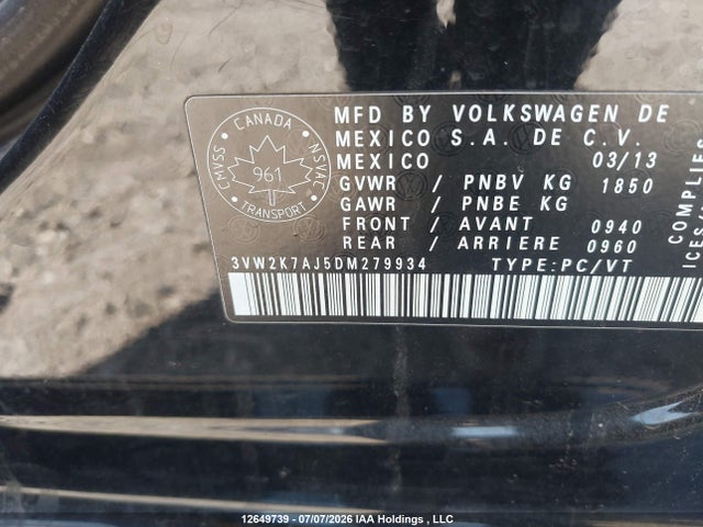 2013 Volkswagen Jetta S მანქანა იყიდება აუქციონზე, vin: 3VW2K7AJ5DM279934, აუქციონის ნომერი: 12649739