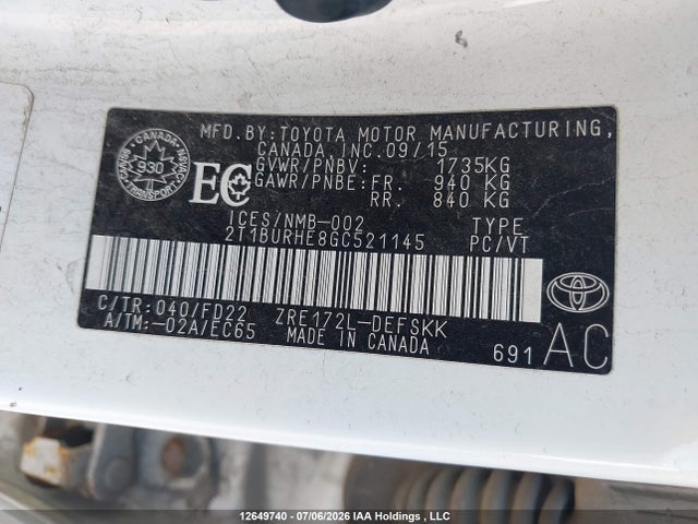 Продаж на аукціоні авто 2016 Toyota Corolla L/le/le Pls/prm/s/s Pls, vin: 2T1BURHE8GC521145, номер лоту: 12649740