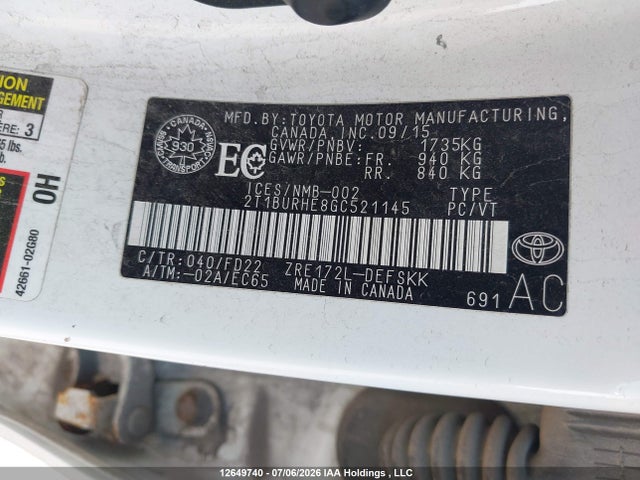 Продаж на аукціоні авто 2016 Toyota Corolla L/le/le Pls/prm/s/s Pls, vin: 2T1BURHE8GC521145, номер лоту: 12649740