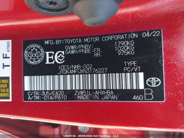 JTDKAMFUXN3176227 Toyota Prius Night Shade/l/le/xle/limited