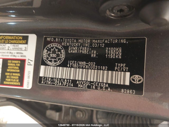 12649750 :رقم المزاد ، 4T1BD1FK8CU021182 vin ، 2012 Toyota Camry Hybrid Xle مزاد بيع