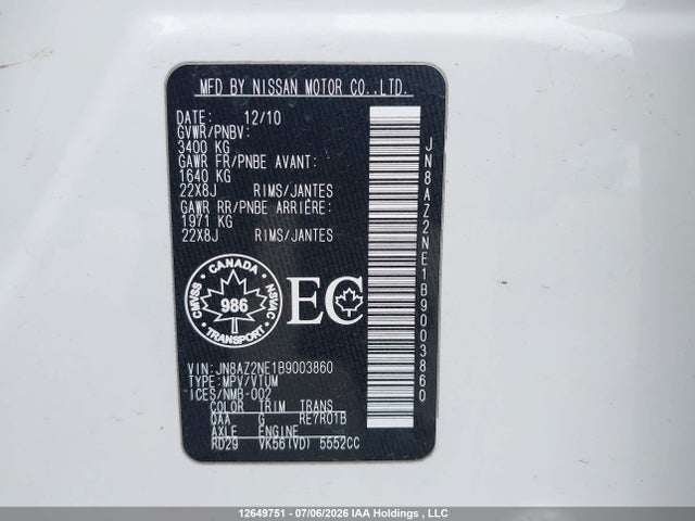Aukcja sprzedaży 2011 Infiniti Qx56, vin: JN8AZ2NE1B9003860, numer aukcji: 12649751