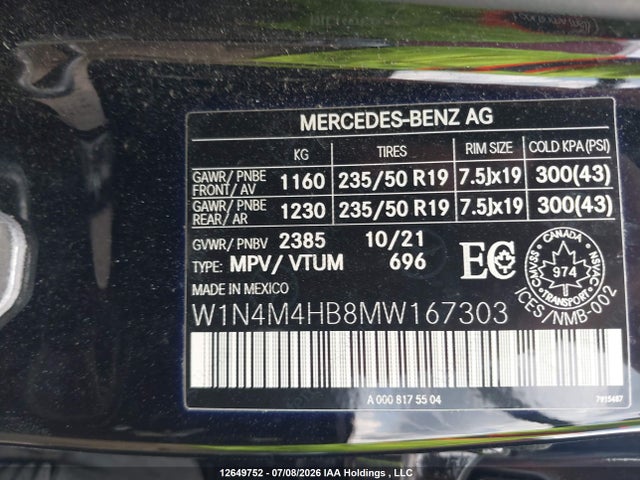2021 Mercedes-benz Glb 250 4matic მანქანა იყიდება აუქციონზე, vin: W1N4M4HB8MW167303, აუქციონის ნომერი: 12649752