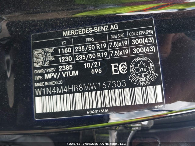 2021 Mercedes-benz Glb 250 4matic მანქანა იყიდება აუქციონზე, vin: W1N4M4HB8MW167303, აუქციონის ნომერი: 12649752