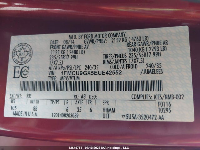Ford ESCAPE SE 2014 1FMCU9GX5EUE42552 Image 9